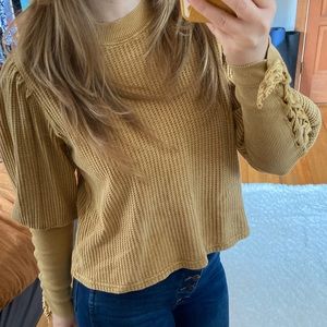 Free People Mustard Waffle Knit Thermal Laced Up Long Sleeve Size XS